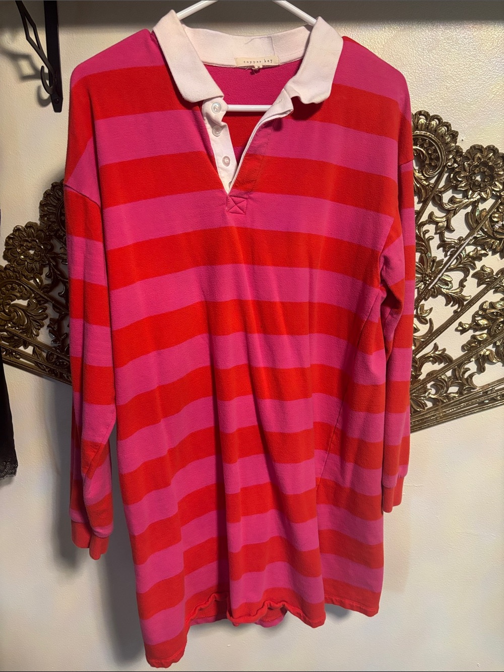 Copper Key Long-Sleeve Rugby Stripe Shirt in Red and Pink